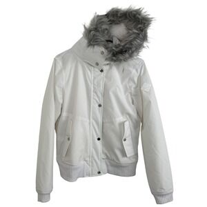 Hollister‎ Womens White Faux Fur Trim Hooded Bomber Jacket Water Resistant Coat